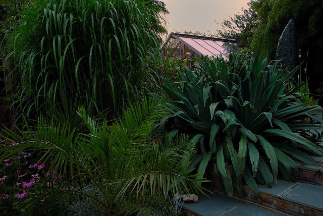 A view of the greenhouse at dusk.